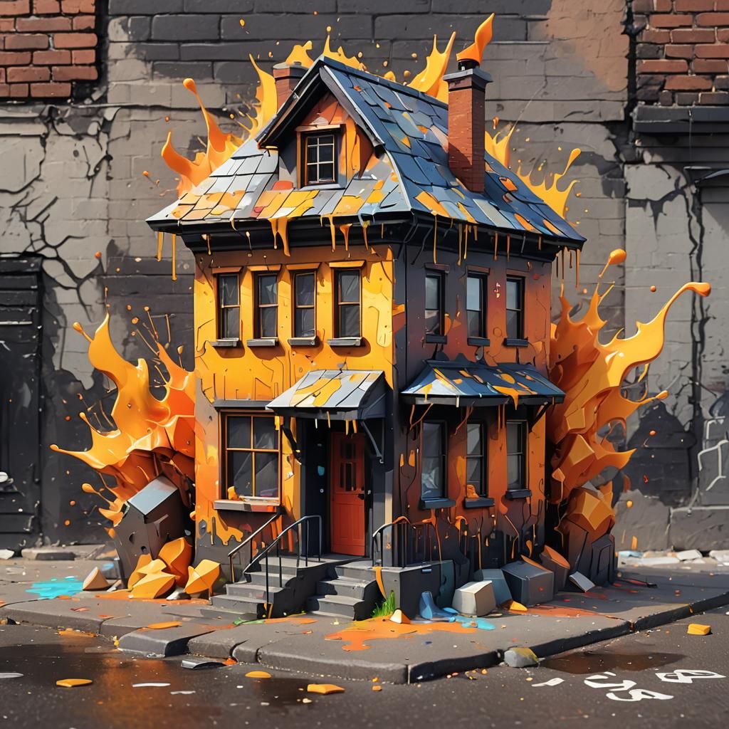 Flaming Lighter House in Low-Poly Graffiti Style
