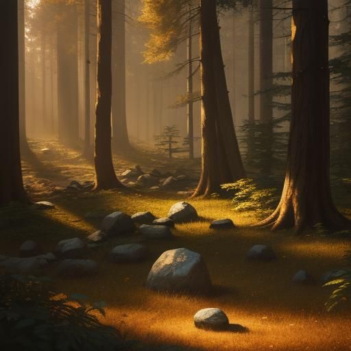 Glowing Stone and Kindling in Forest: Digital Art