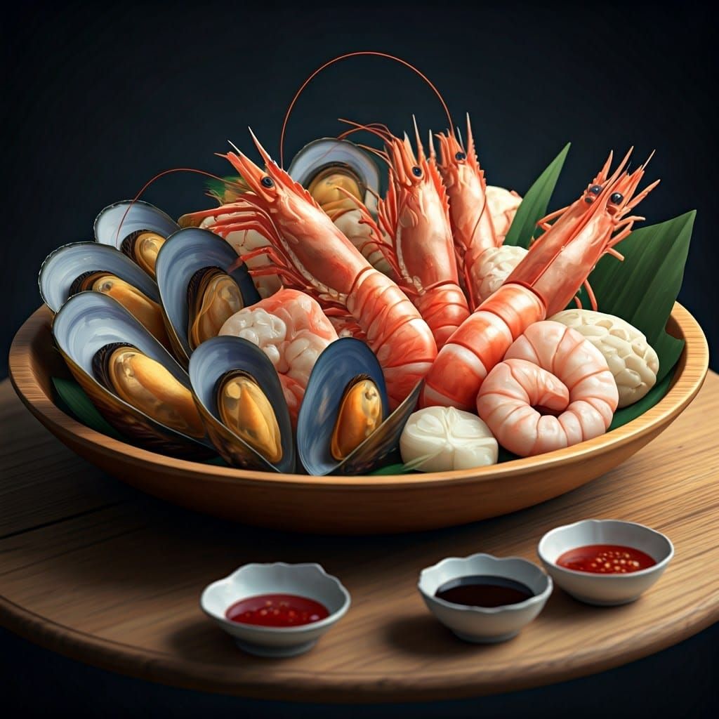 Vibrant Seafood Composition in Anime Style