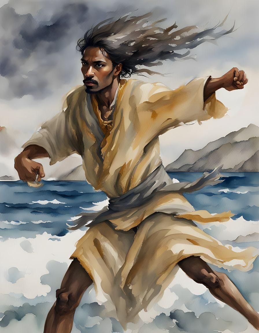 Stormy Seaside: Indian Street Fighter in Watercolor