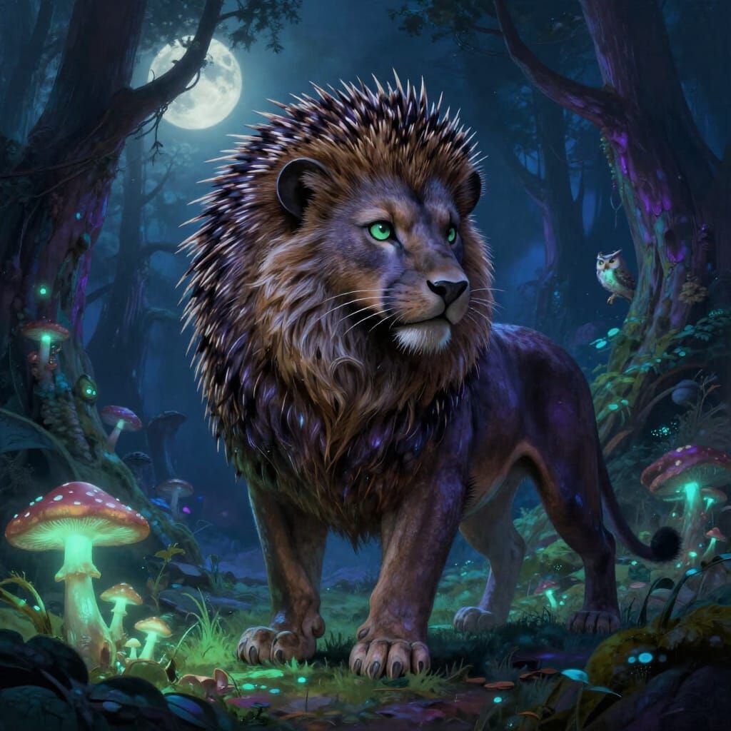 Fantastical Hybrid Creature in Moonlit Forest