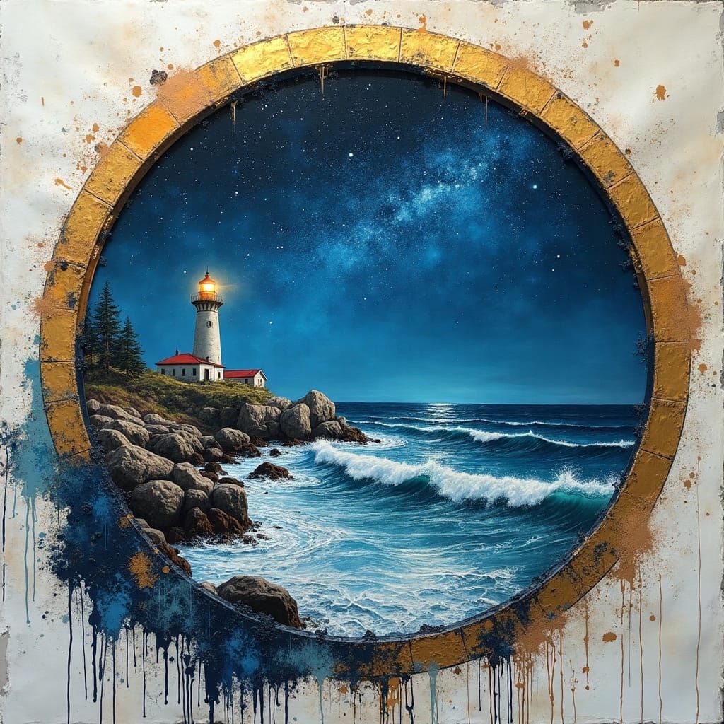 Lighthouse Seascape in Circular Frame: Mixed Media