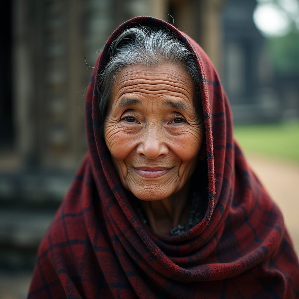 Cambodian Woman Portrait with Traditional Krama Scarf