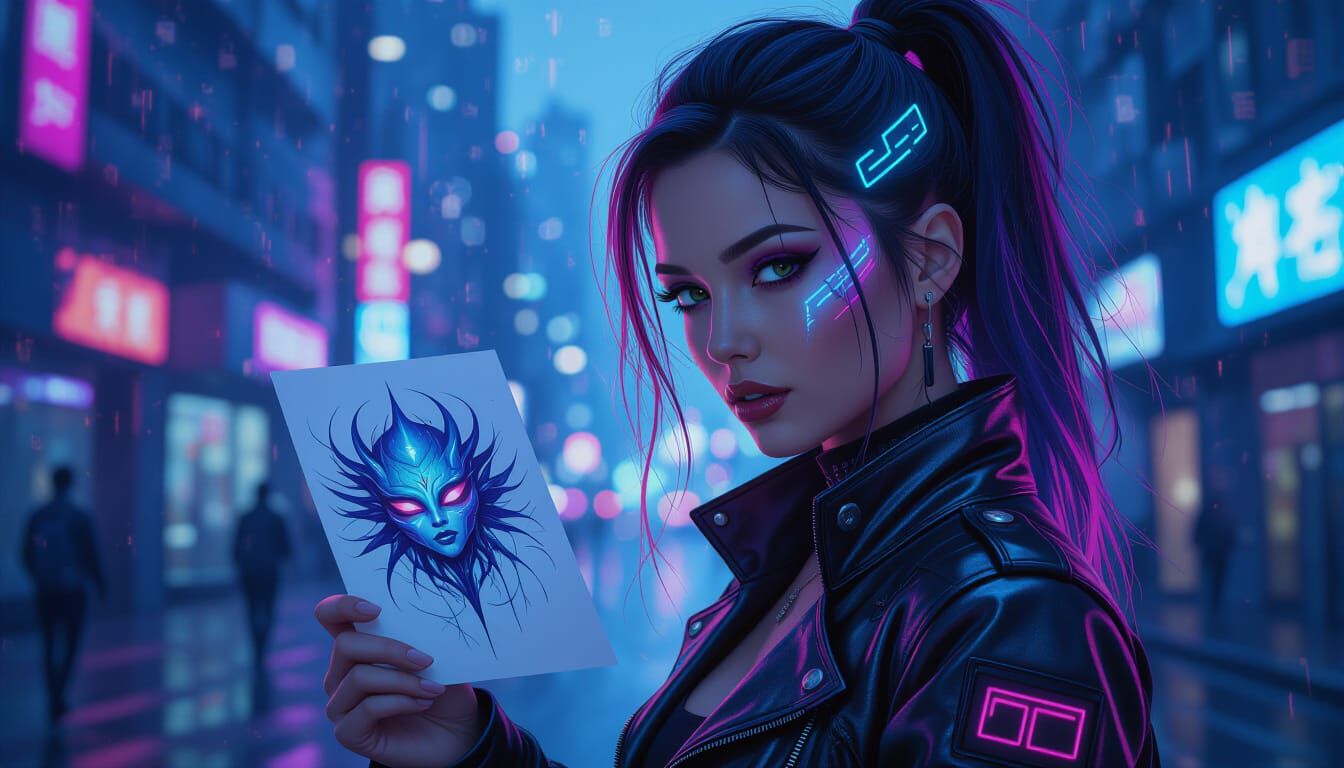 Cyberpunk Woman with Neon Hair in Futuristic City