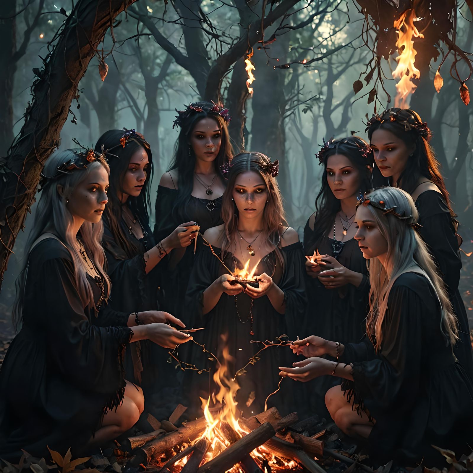 Hyperrealistic Witches Coven Ritual in Forest