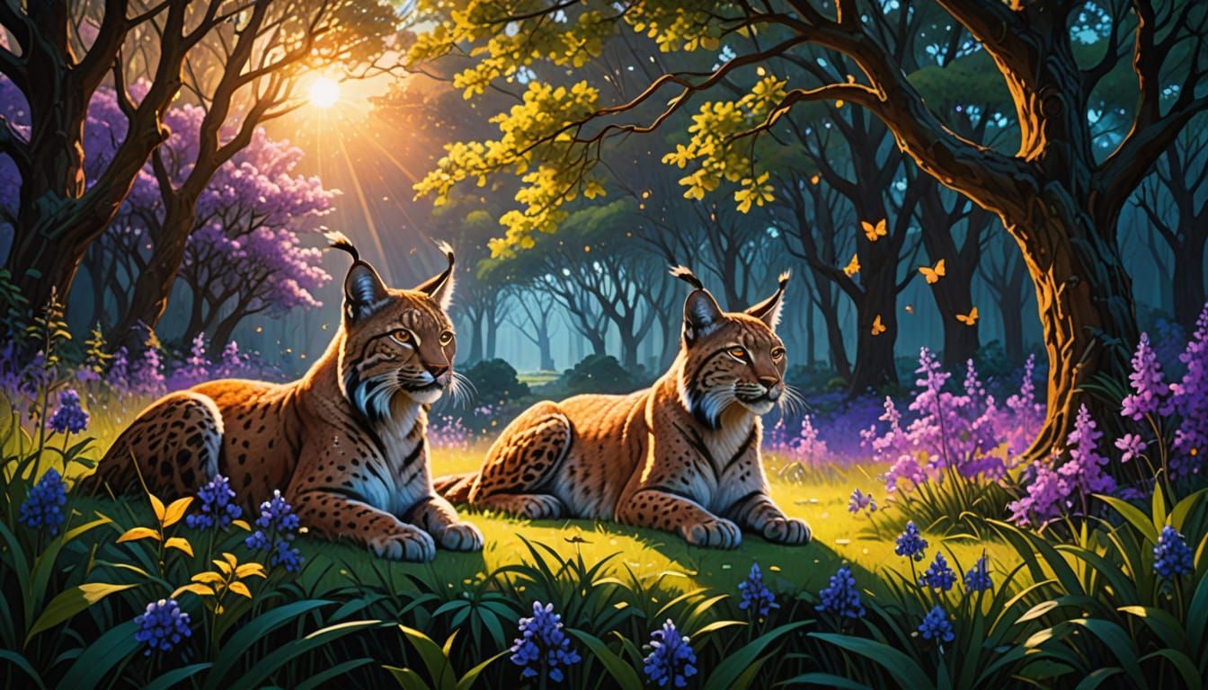 Ethereal Lynx in Vibrant Landscape with Glowing Butterflies