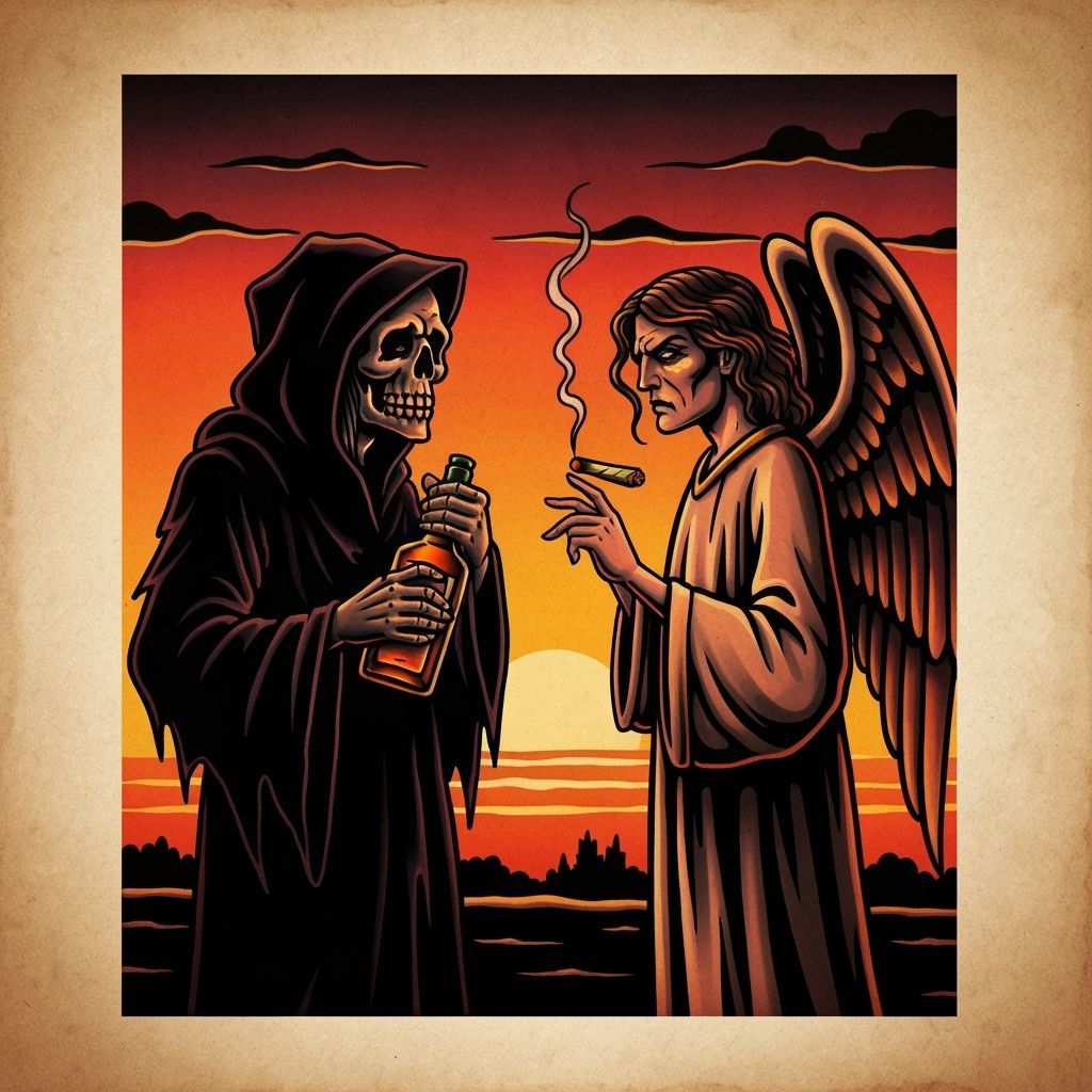 Grim Reaper and Angel in Tattoo Style Sunset Standoff