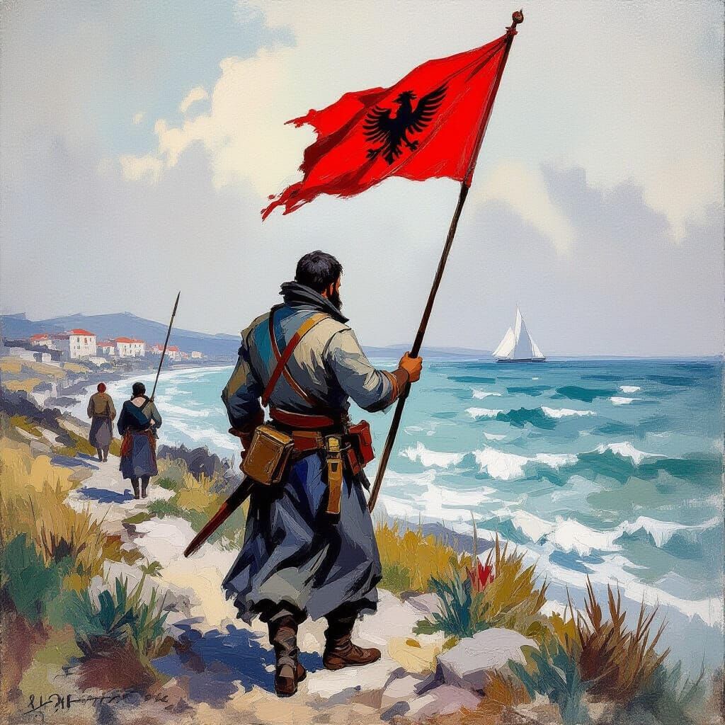 Albanian Warrior with Flag in Impasto Gouache