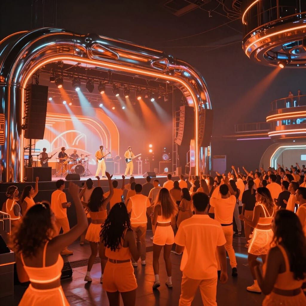 Retro Futurism Concert with Neon Orange Crowd