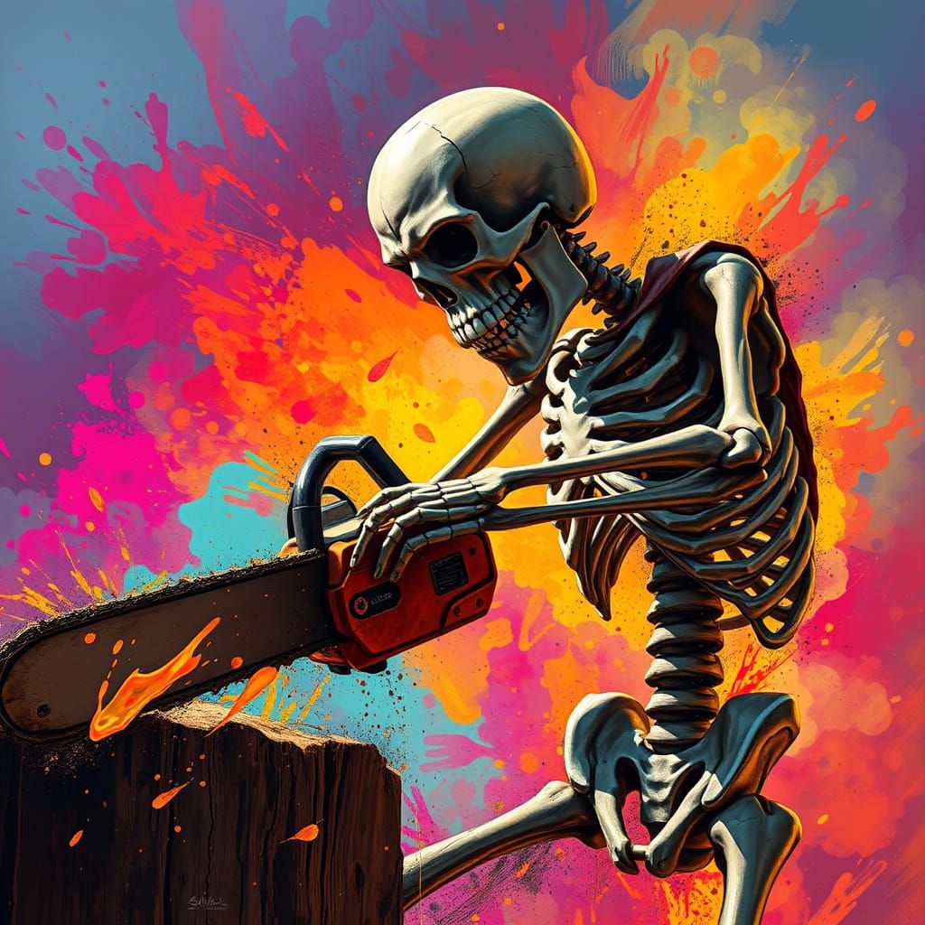 Skeleton Chopping Wood with Chainsaw in Hyperrealistic Splas...