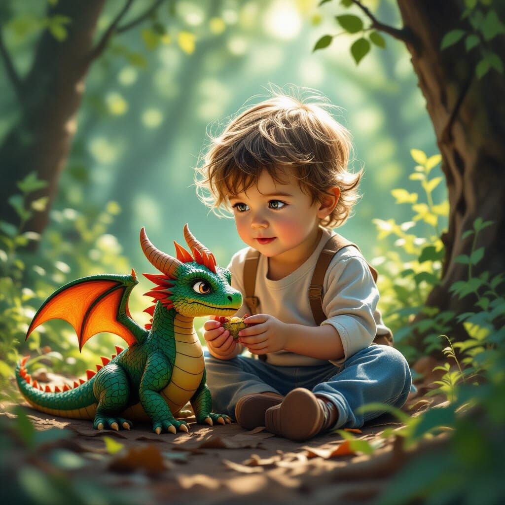 Child Plays with Dragon in Sunlit Forest Clearing
