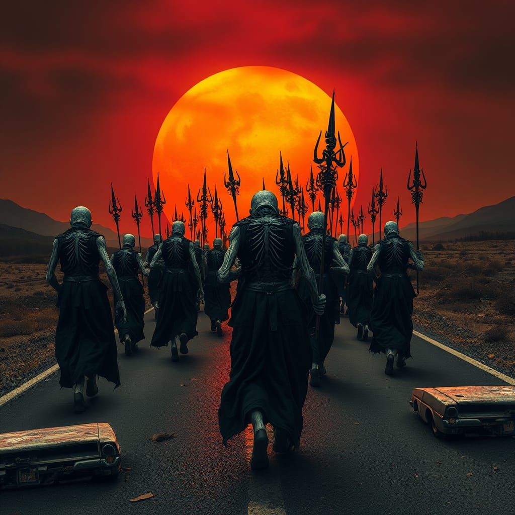 Dark Fantasy Procession Under Orange Sunset
