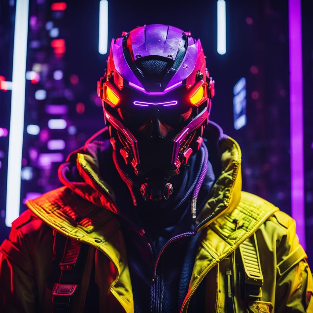 Masked Cybersamurai Headshot in Cyberpunk Style