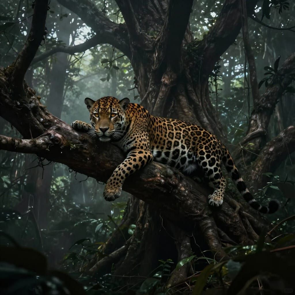 Jaguar on Ancient Tree in Dark Fantasy Amazon