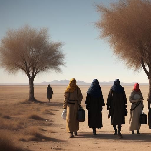 Refugees Walking in Desolate Landscape: Digital Art