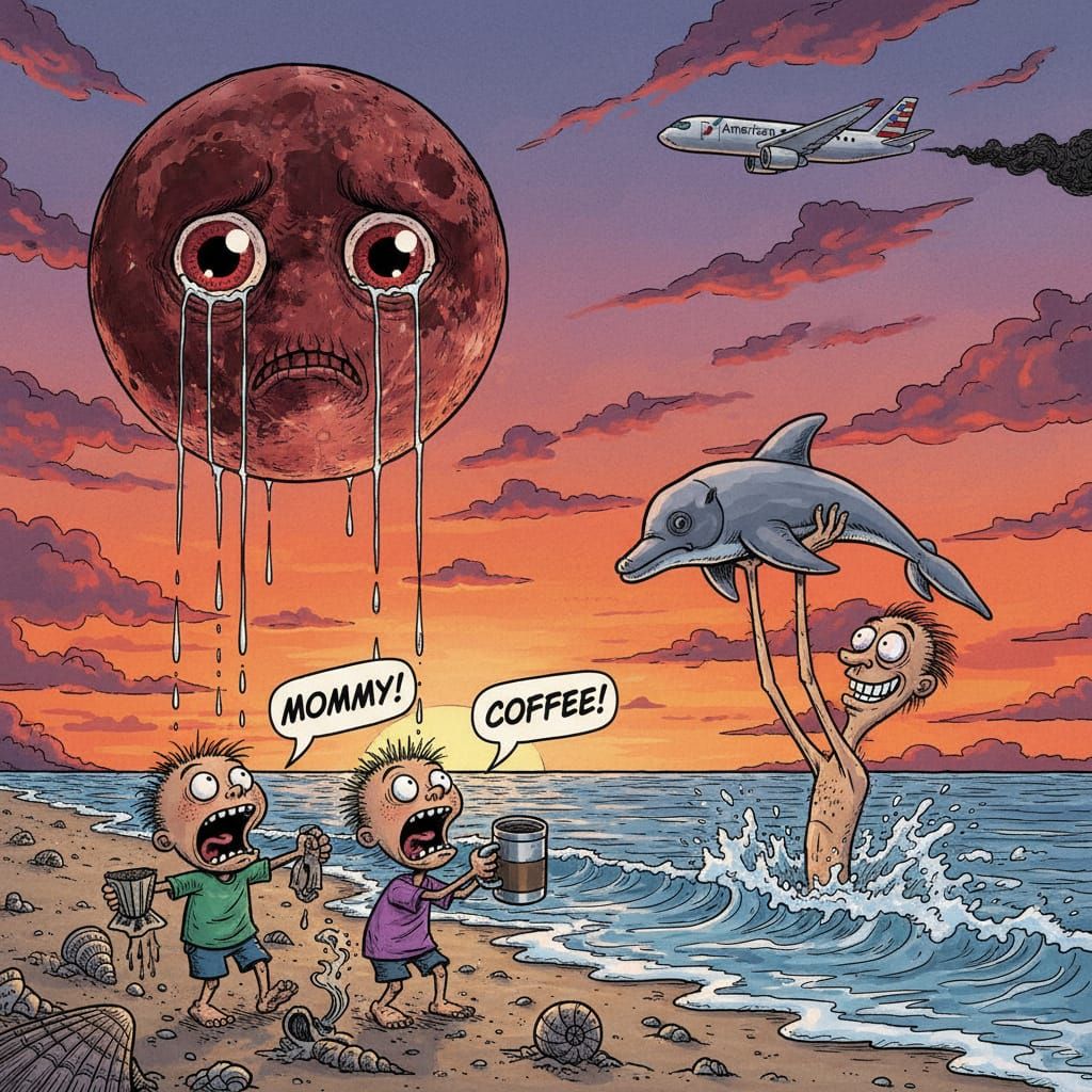 Crying Harvest Moon Watches Surreal Beach Scene