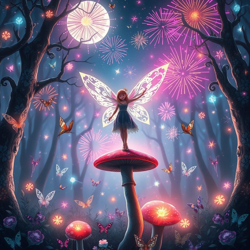 Whimsical Faerie Gathering Under Moonlit Fireworks