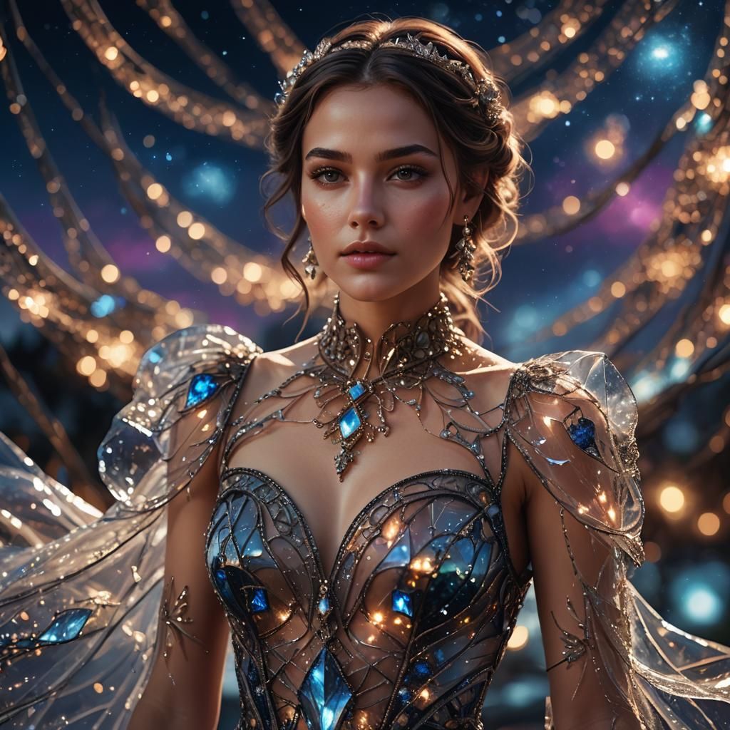 Woman in Glass Dress Against Night Sky