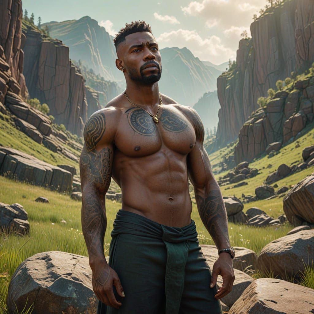 Confident Warrior in a Rocky Landscape