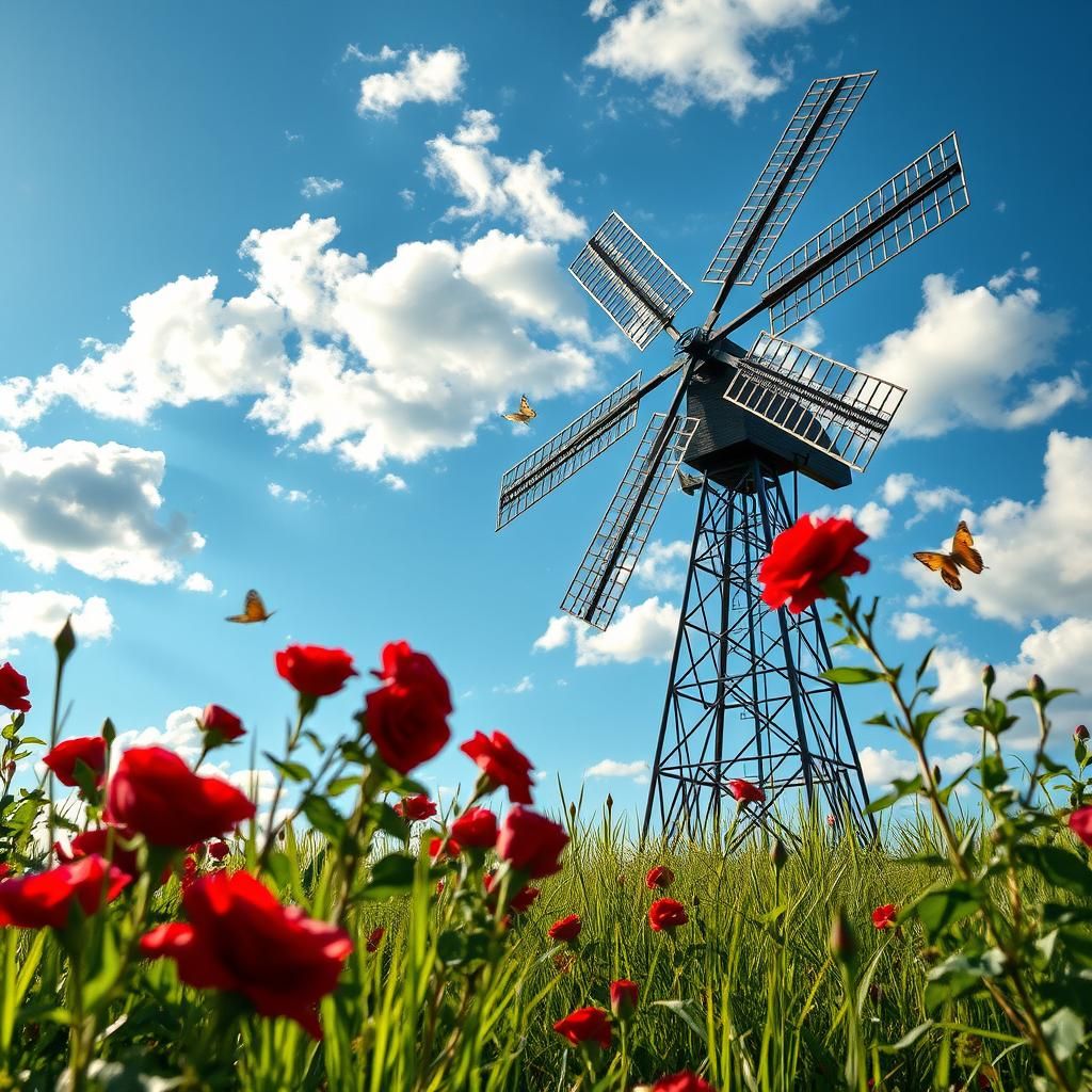 Hyperrealistic Windmill with Roses in Field