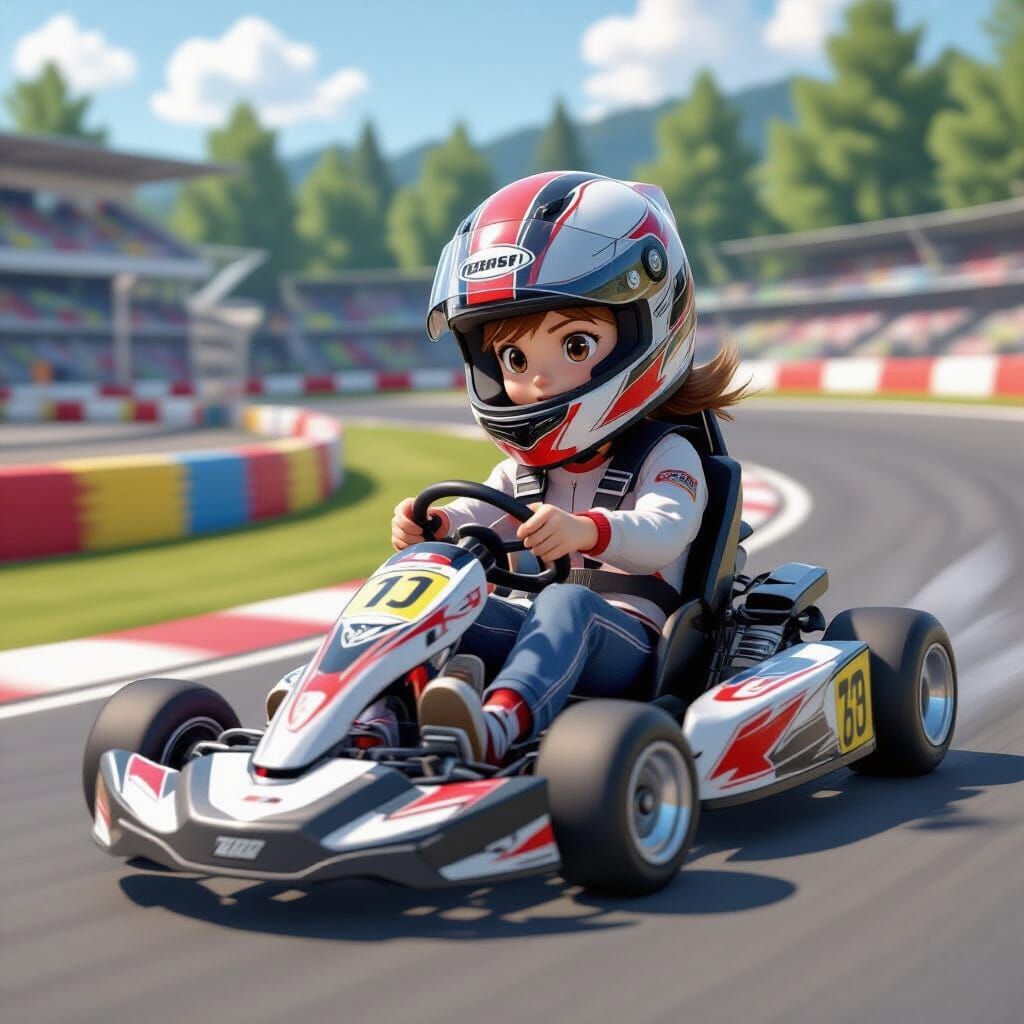 Child Races Go-Kart with Excitement on Outdoor Track