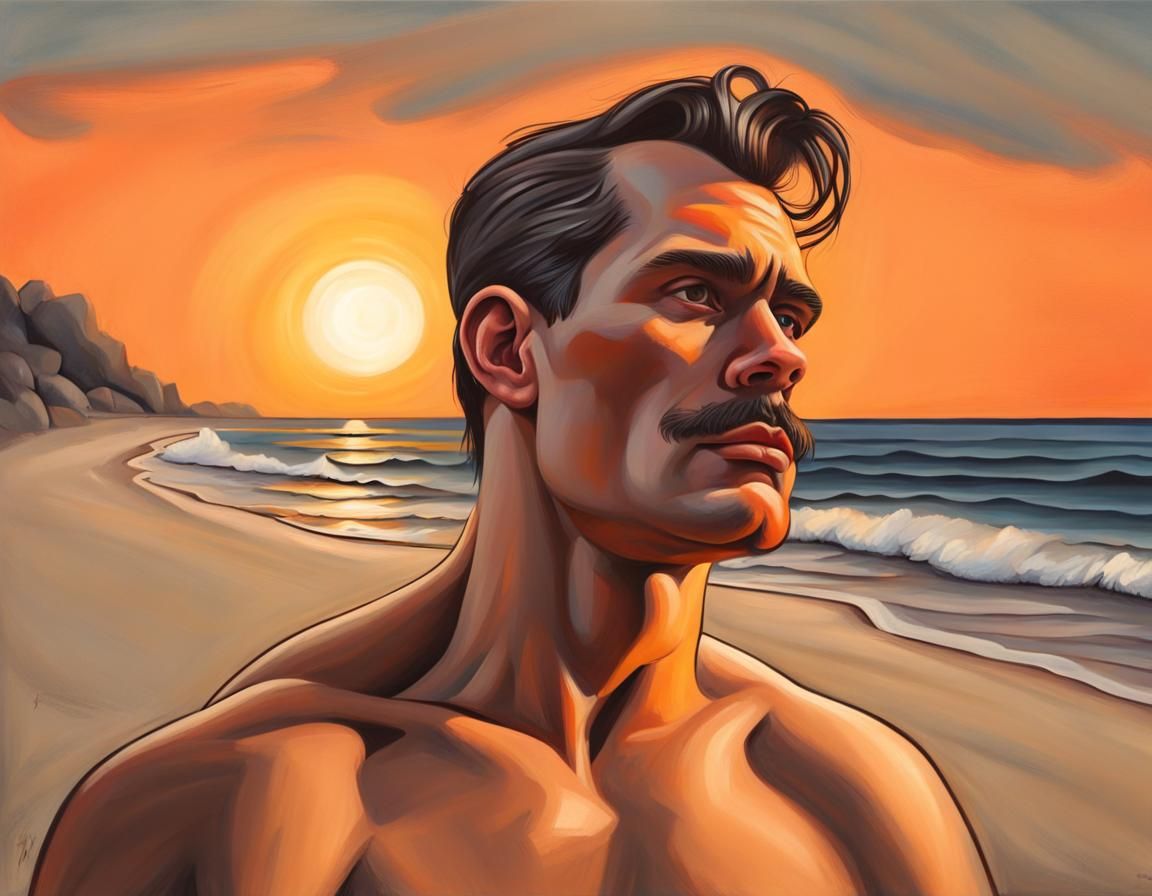 Man on Beach at Sunrise in Cartoon Style