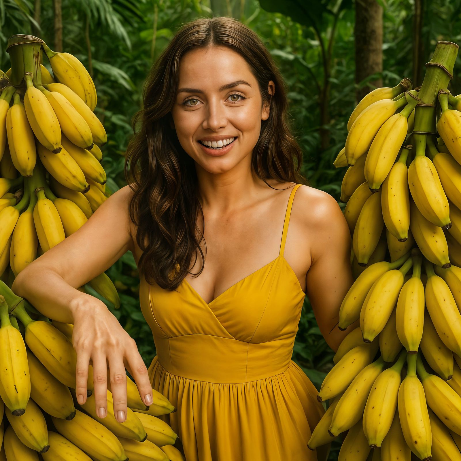 Ana de Armas Posing with Bananas in Jungle, Detailed CGI