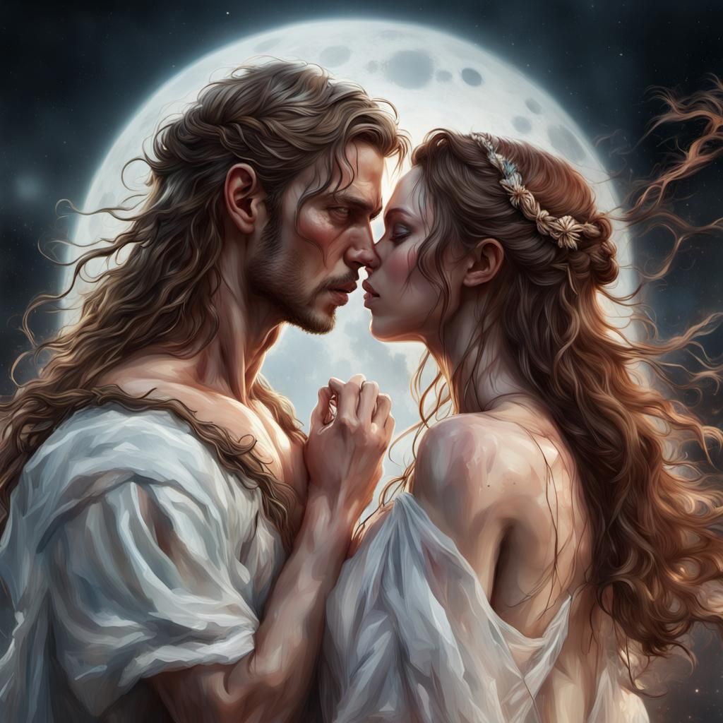 Romantic Couple Kissing Under Moonlight
