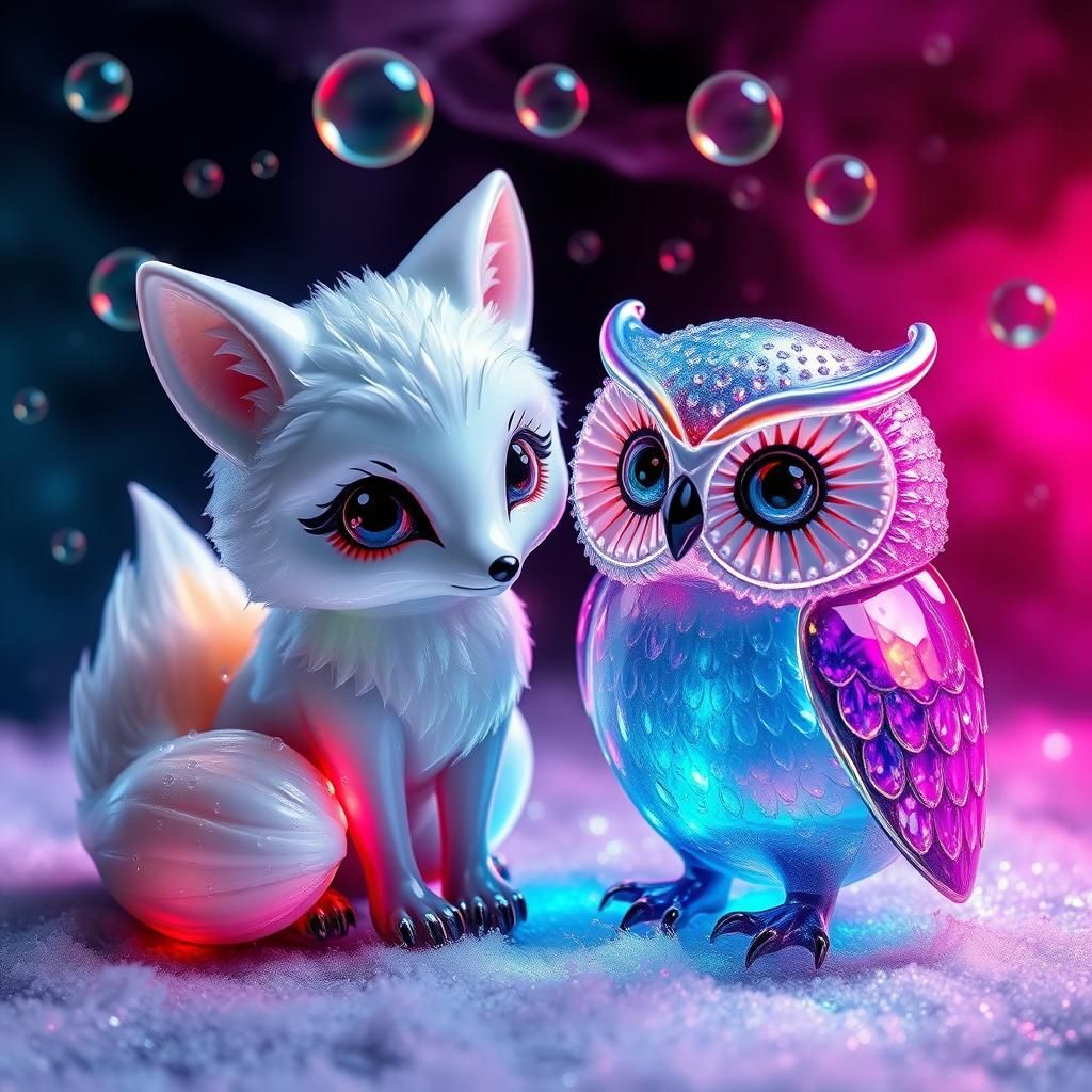 Glossy, Enameled glass figurines of a Stunning, unique, glossy, baby white fox with big eyes with his best friend a radi...