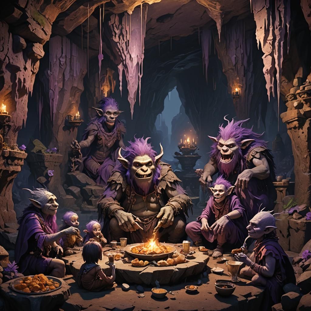Troll Family Dinner in Cavern, Dark Fantasy Art