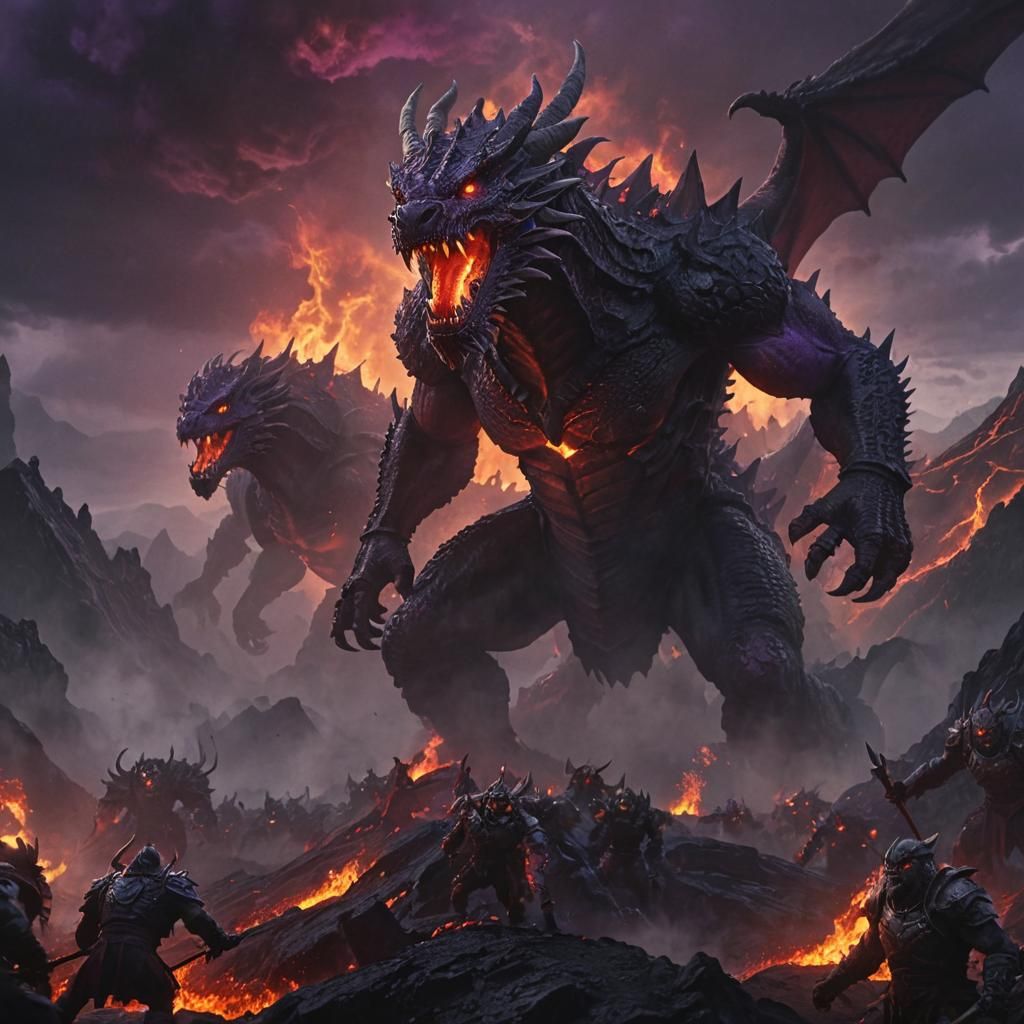 Two-Headed Lava Dragon Battles Orcs in Fantasy Art