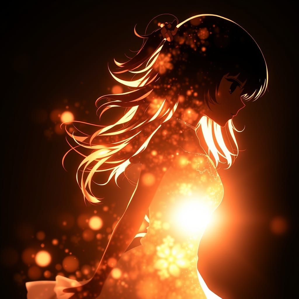 Girl's sideway silhouette, flamming over its body