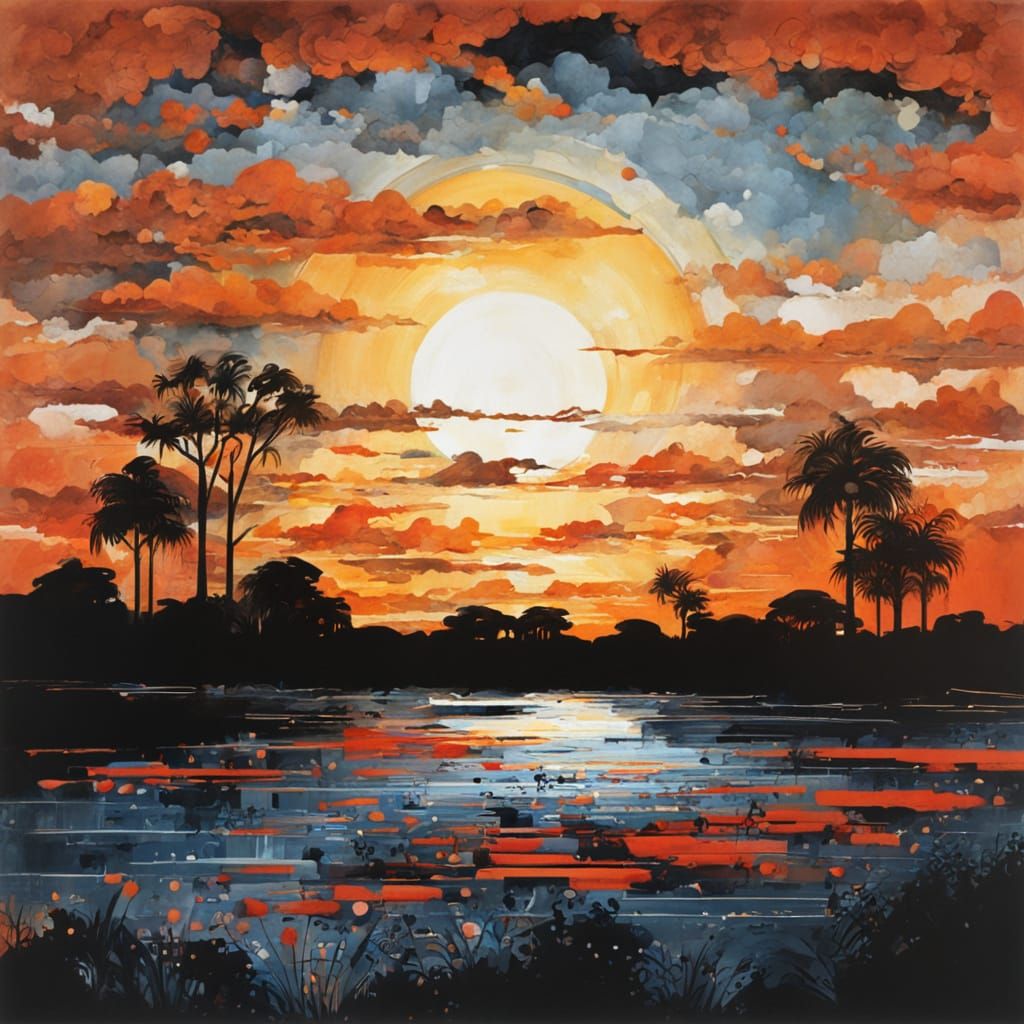 Vibrant Sunset Landscape in John Piper Style