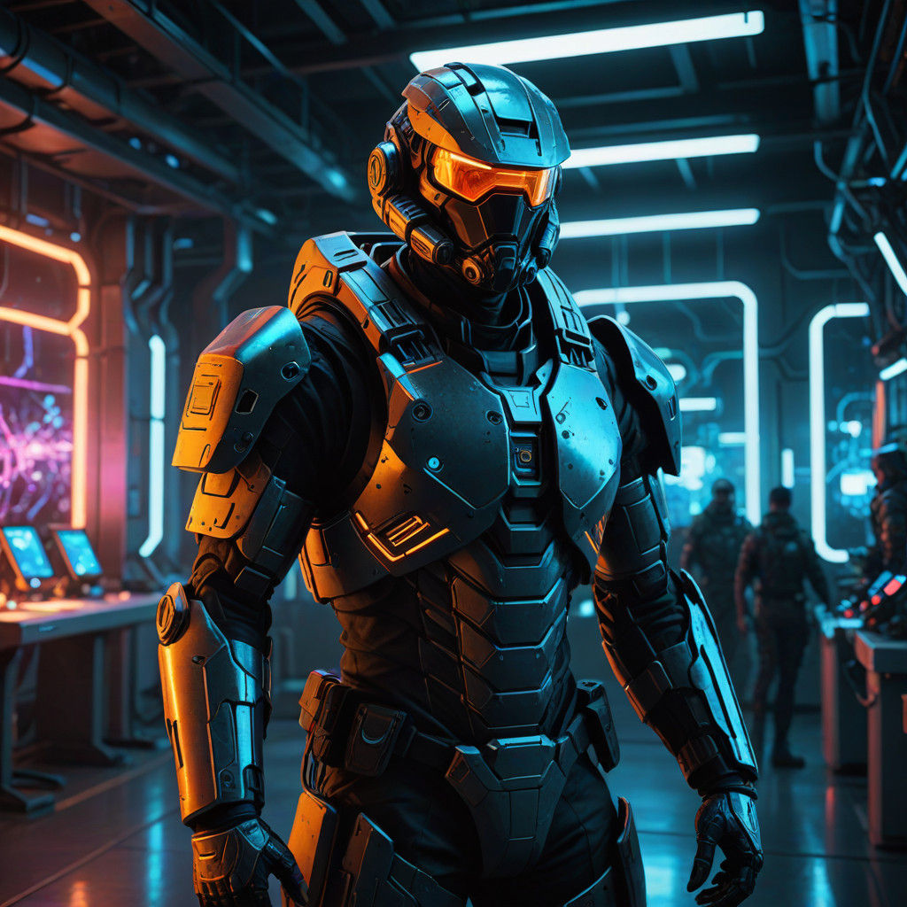 Elite Soldier Guards Futuristic Laboratory in Neon-Lit High-...