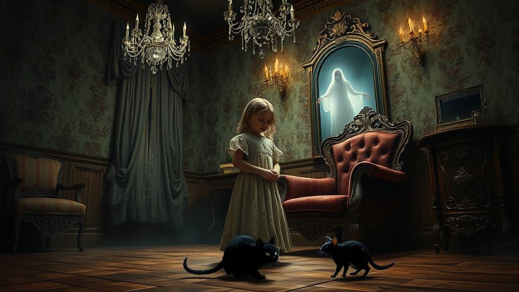 Surreal Victorian Scene with Haunting Figures and Flickering...