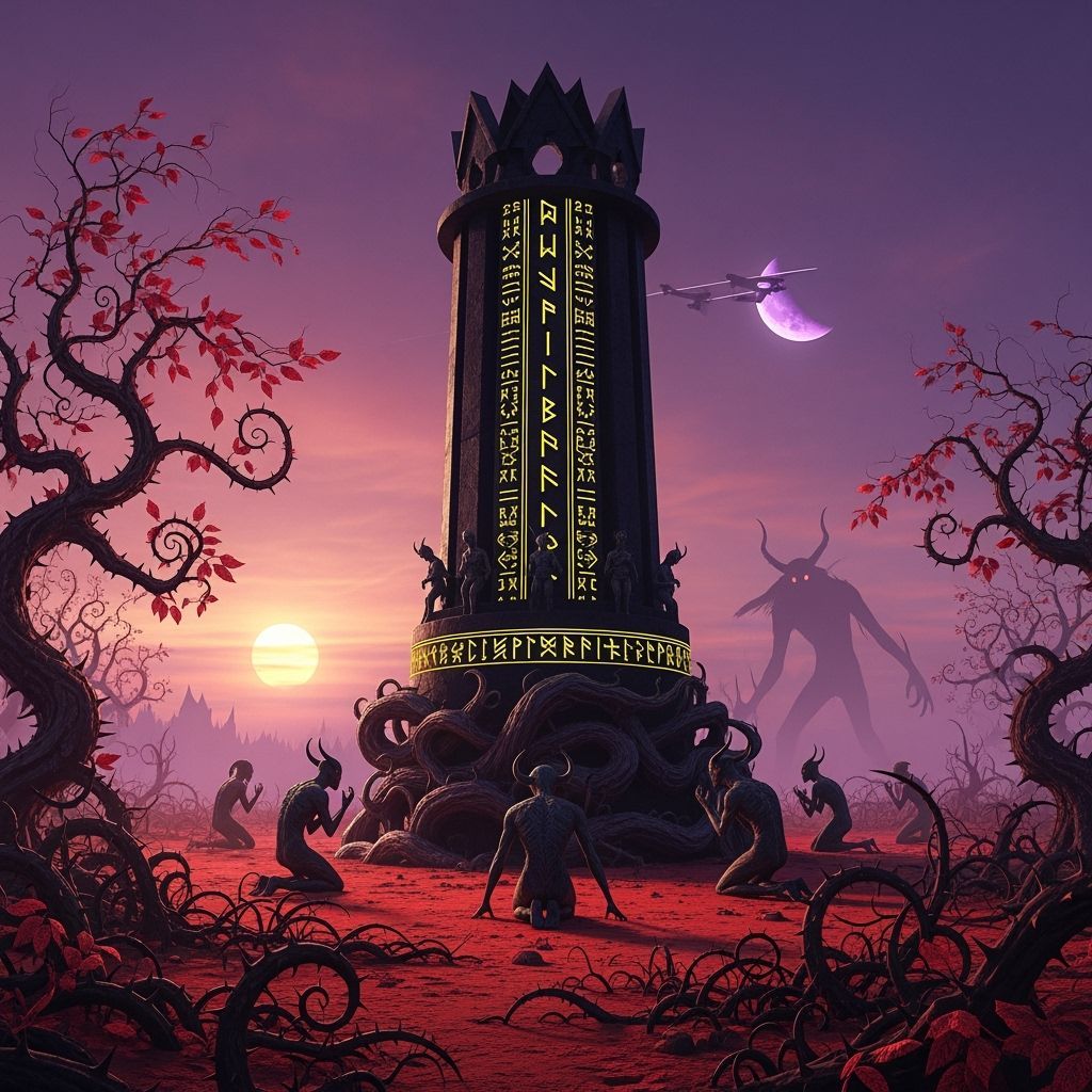 Eerie Ziggurat with Demonic Figures in Barren Landscape