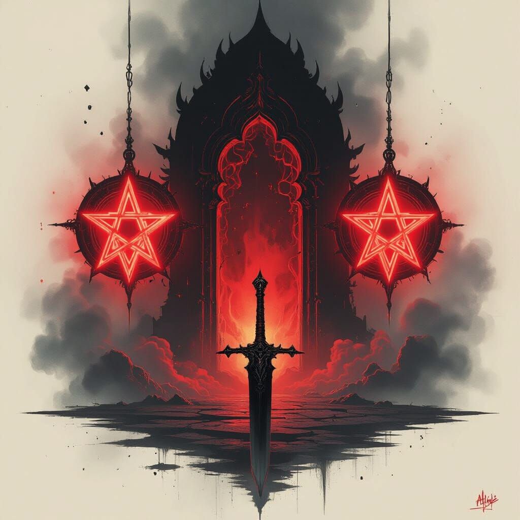 Cyberpunk Gothic Scene With Dark Sword And Red Portal