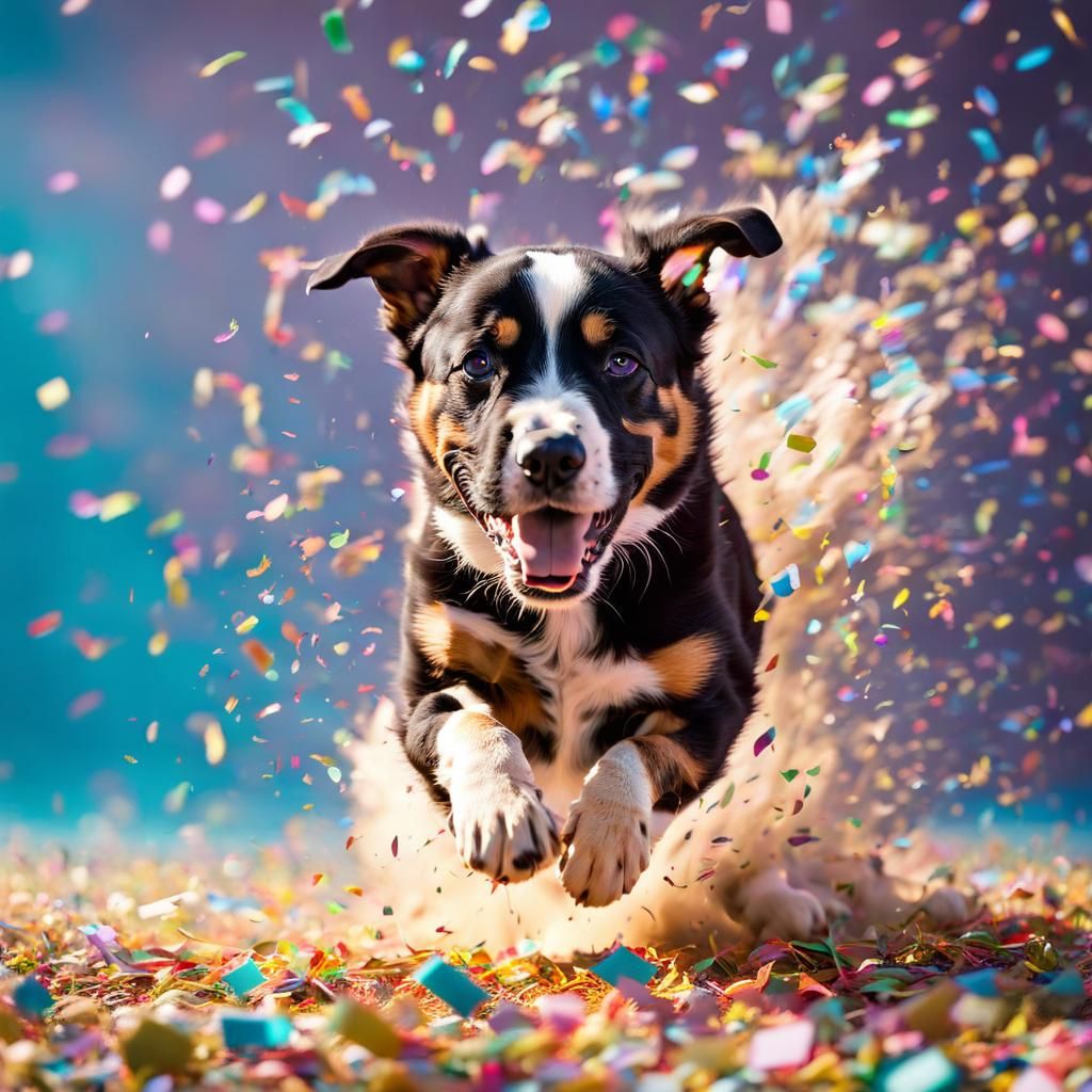 Joyful Puppy with Confetti: Hyperrealistic Fine Art