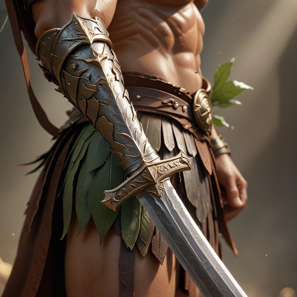 leaf bladed Xiphos sword in warriors' hand