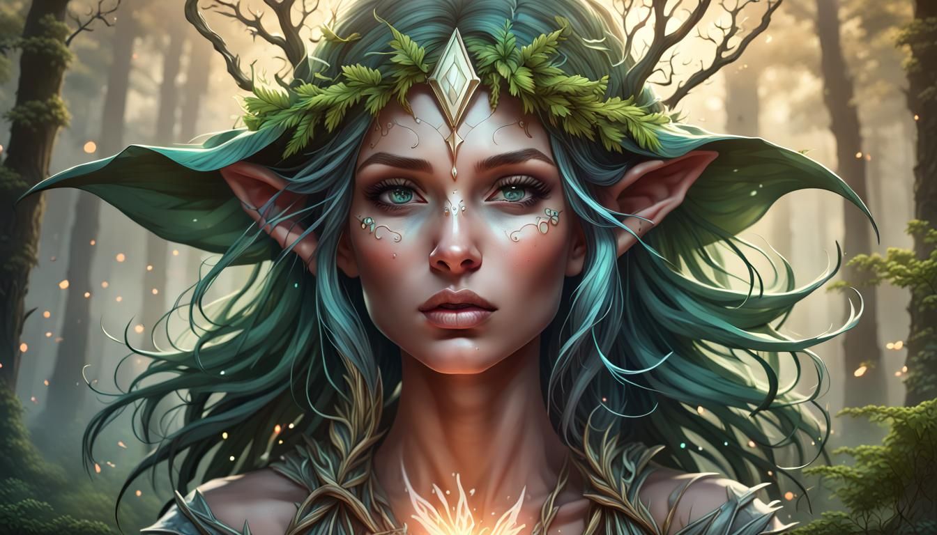 Magical Forest Elf Sorceress Portrait with Dark Fairies