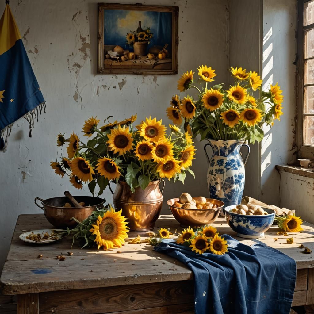 Sunflowers in Copper Bucket with Ukrainian Flag