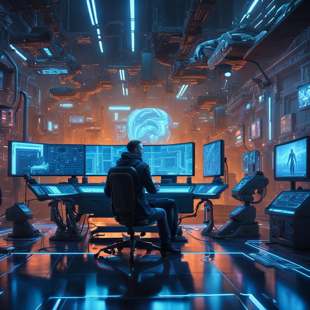 Cyberpunk YouTube Creator in Neon Laboratory