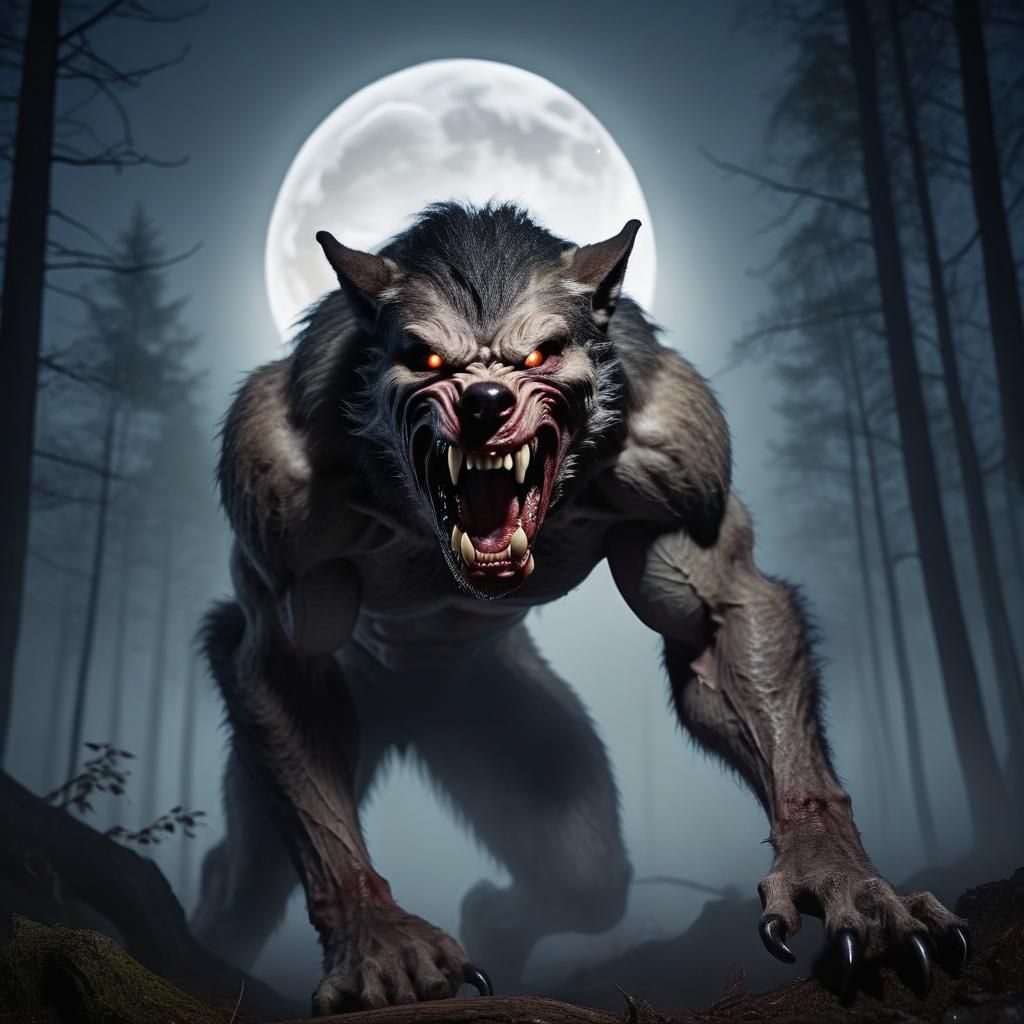 Menacing Werewolf in Misty Forest, Photorealistic Style