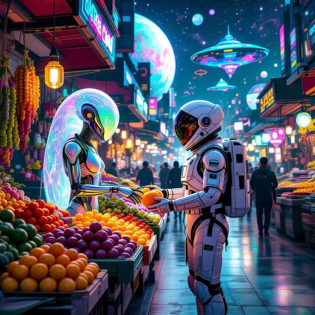 Exotic Alien Marketplace in Psychedelic Style