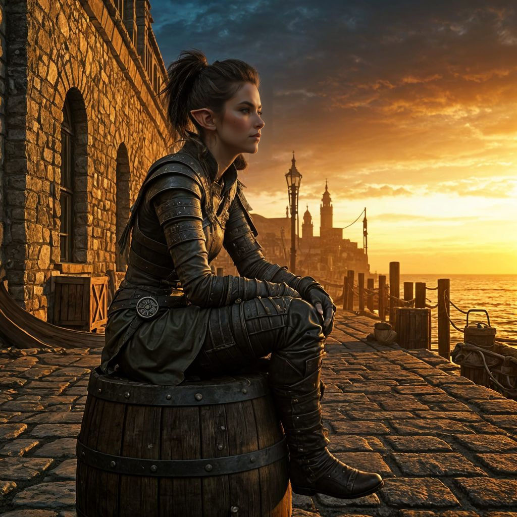 Ethereal Female Elf Bandit in Dark Medieval City Docks
