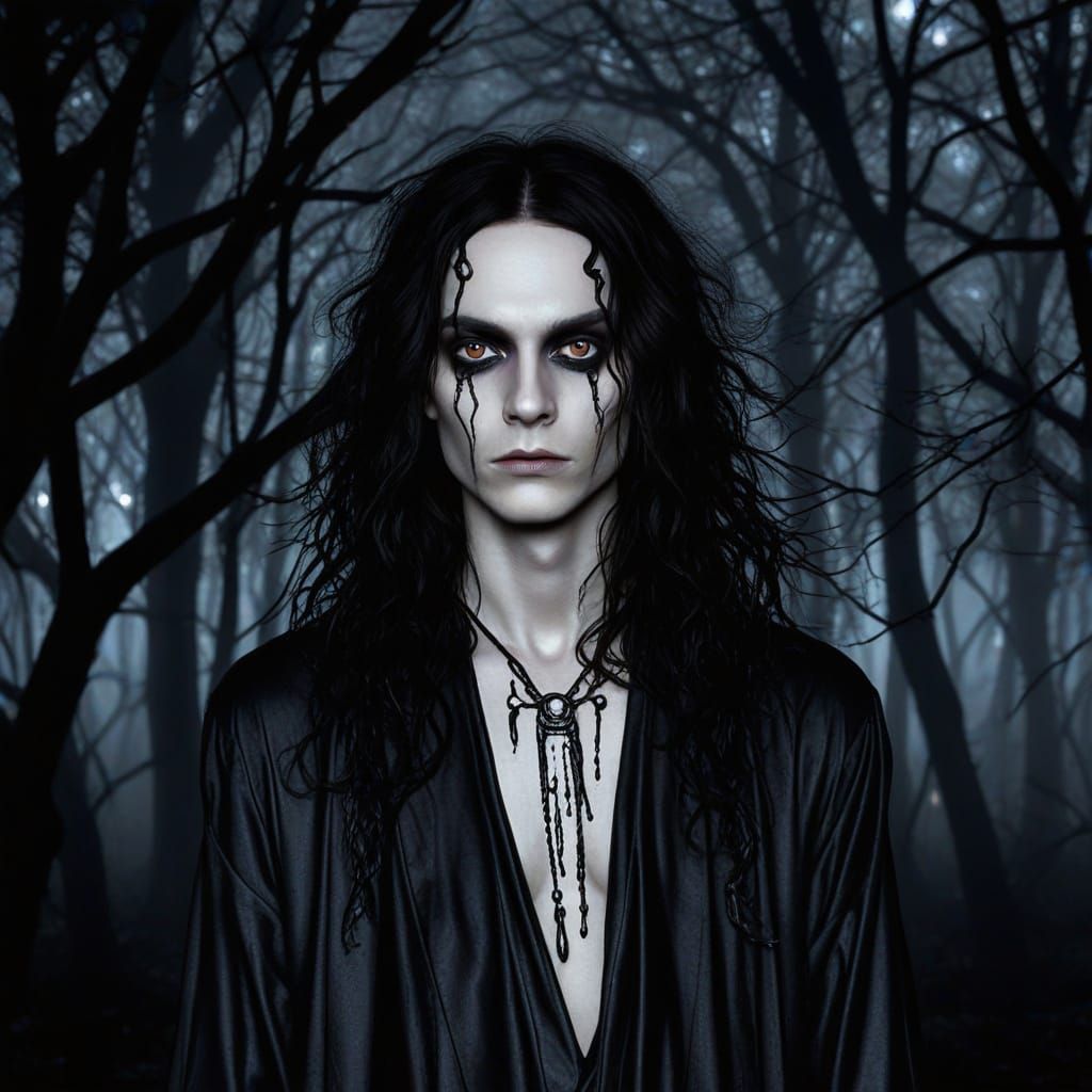 Gothic Cartoon Character in Misty Forest