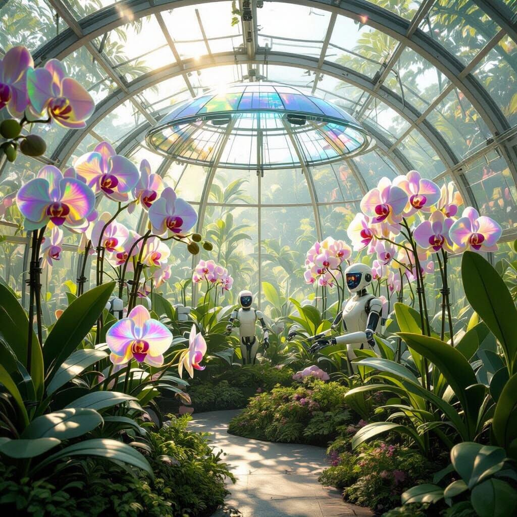 Futuristic Greenhouse with Iridescent Orchids in Art Nouveau...