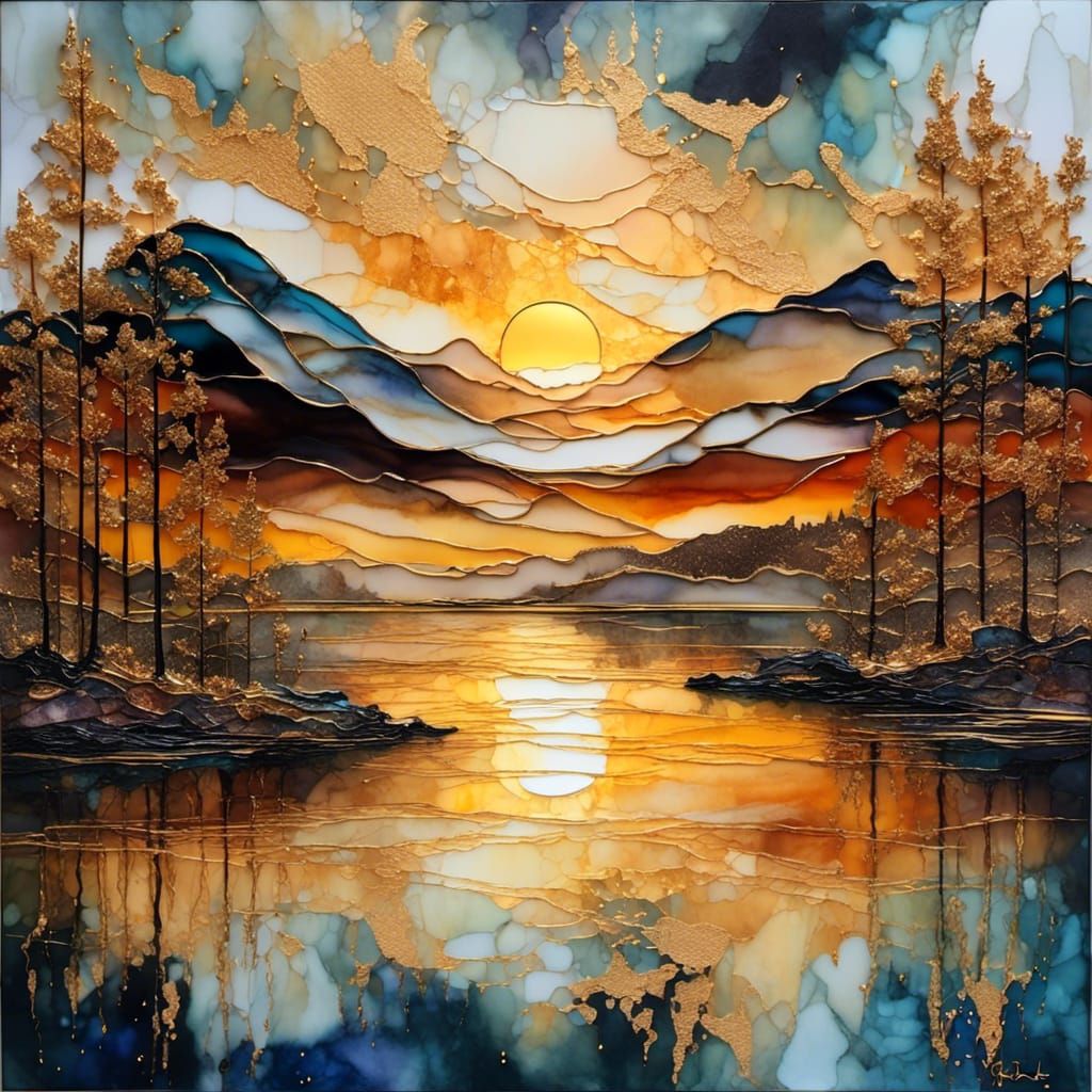 Golden Sunset Lake Reflection in Alcohol Ink Style