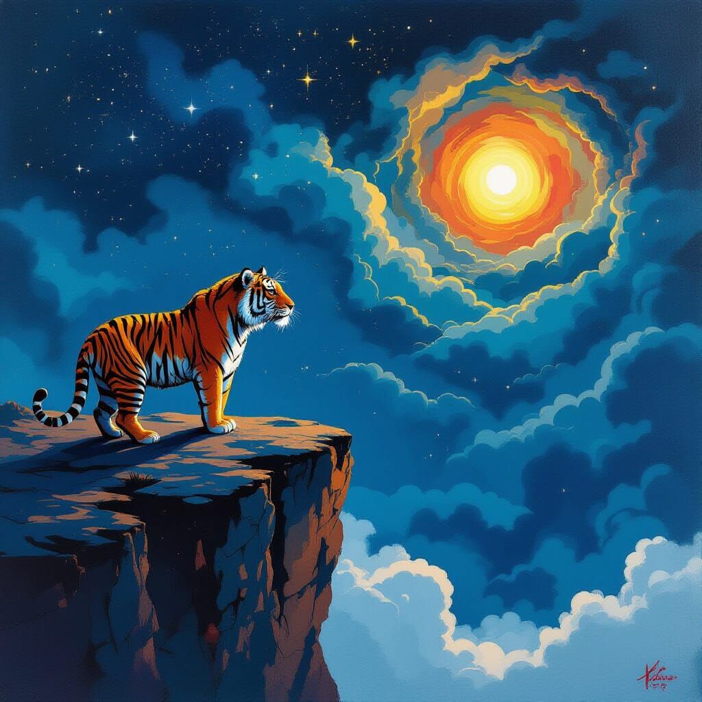 Tiger on Cliff Under Starry Sky in Graffiti Art Style