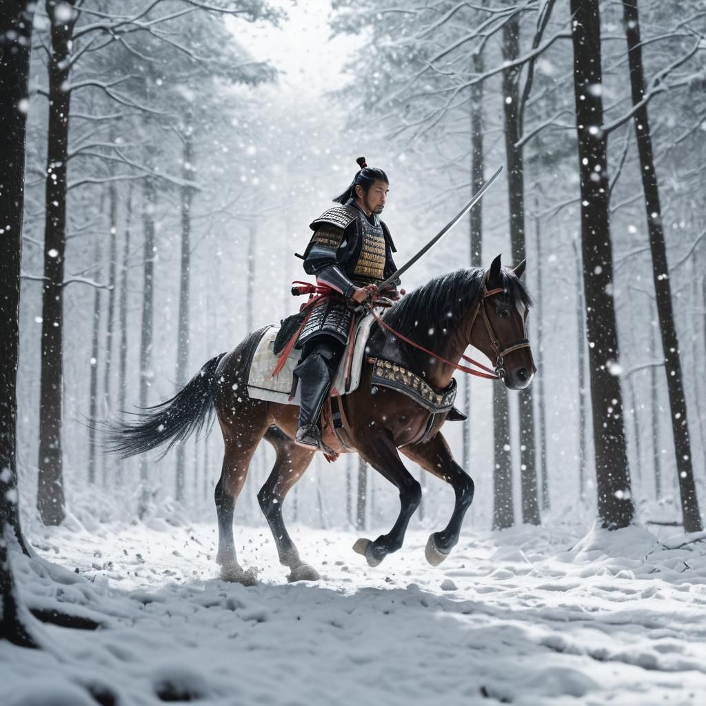 Samurai on Horseback in Snowy Forest: Ink Art